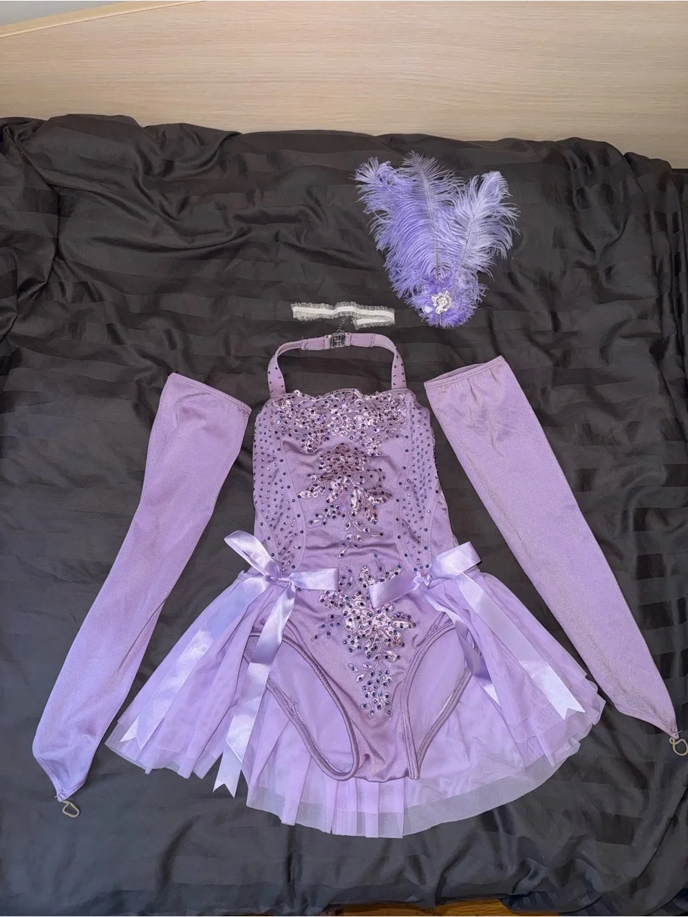 Girls' Lavender Sequin Dance Costume with Feather Headpiece